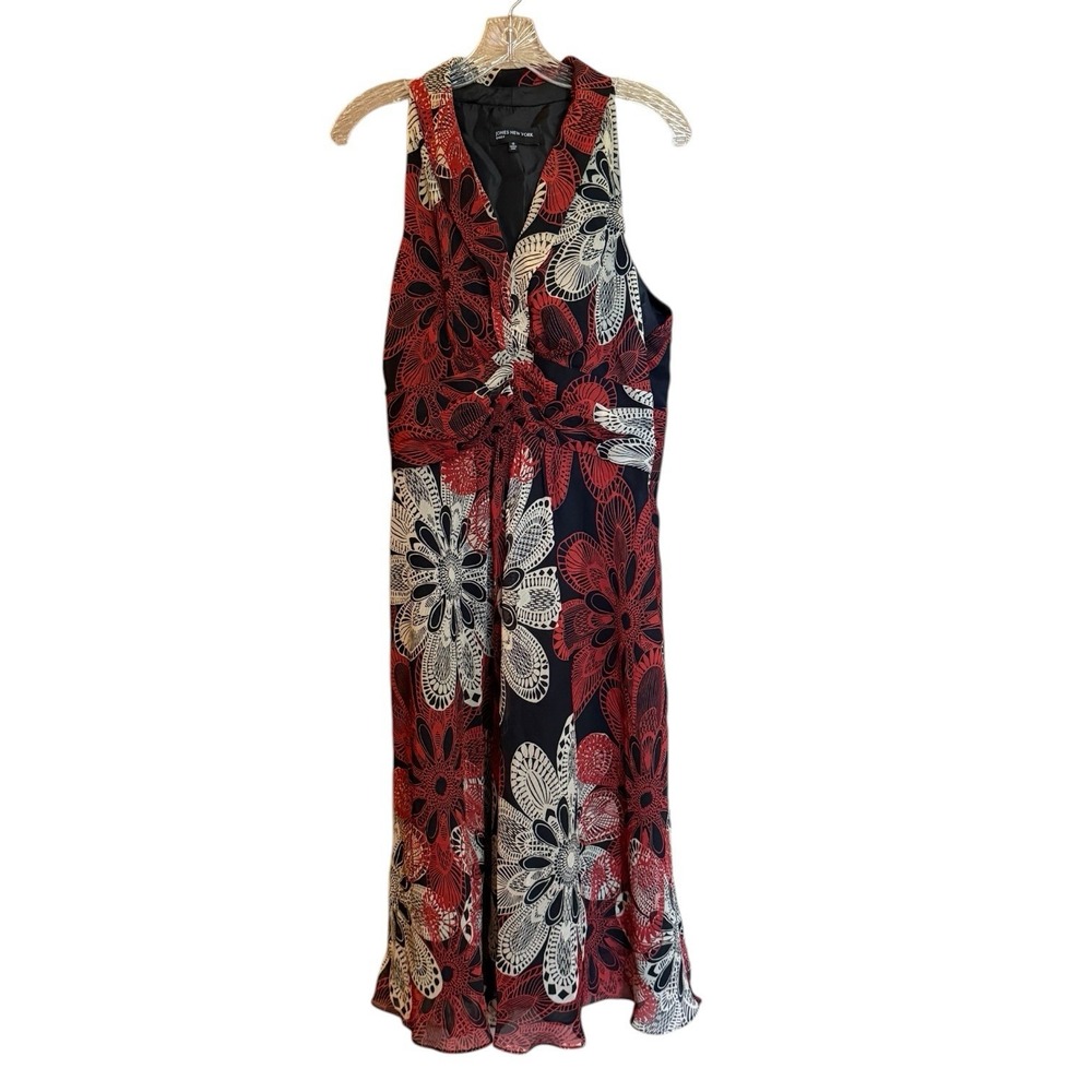 Jones New York Floral Rust Black WhiteV-Neck Sleeveless Lined Dress Womens 16